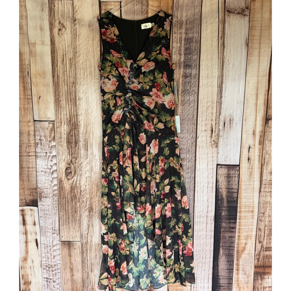 Eliza J‎ Floral Dress Ruffle Ruched High Low Maxi Romantic Feminine Size 12 NWT